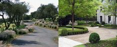 two pictures side by side one shows a driveway and the other shows a house with hedges