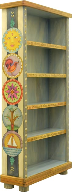 Tall Bookcase –  Light and airy bookcase with large encircled icons motif Shelves Light, Bookshelf Inspo, Painted Bookshelves, Wide Bookcase, Bookcase Lighting, Sticks Furniture, Whimsical Painted Furniture, Tall Bookcase, Painted Cupboards