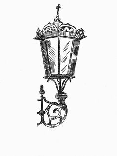 a black and white drawing of a street light with an ornate design on the side