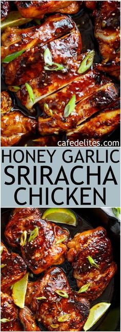 honey garlic sriracha chicken in a skillet