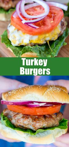 two pictures of turkey burgers with lettuce, tomato and onion on top