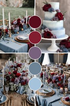 the table is decorated with blue, red and purple flowers in shades of grays