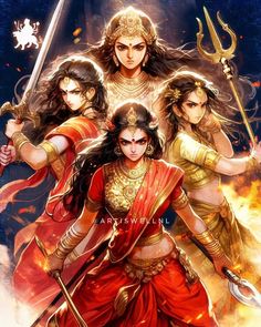 three women in red and gold outfits holding swords, with fire behind them on a blue background