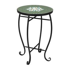 a small table with a green and white mosaic design on it's side stand