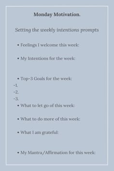 Start Of The Week Affirmation, Setting Intentions New Month, Journal Prompts Start Of Week, Positive Start To The Week, Set Yourself Up For A Good Week, New Week Planning, Monthly Intentions Journal, Monday Journal Ideas, Examples Of Intentions For The Day