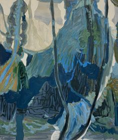 an abstract painting of trees and mountains in blue, green, yellow and white colors