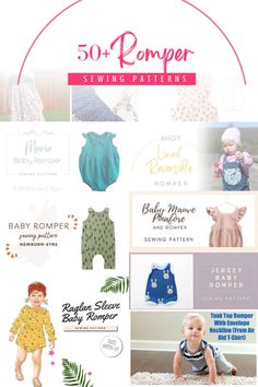 sewing patterns for baby rompers and onesuits with the text 50 + romper sewing patterns