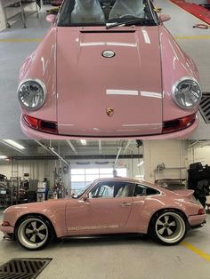 a pink porsche parked in a garage next to another pink car with chrome rims