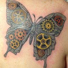 a butterfly with gears on it's wings is seen in this tattoo art work