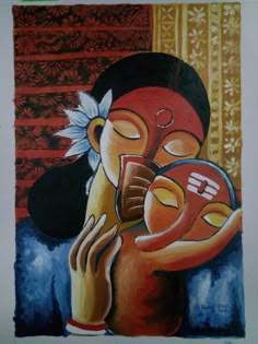 a painting of a woman holding a baby in her arms with the word love written on it