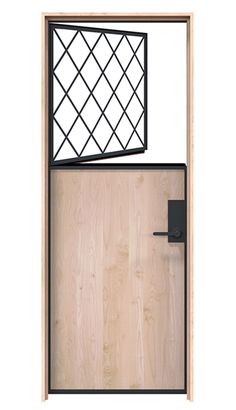 an open wooden door with black iron bars on the top and bottom part of it