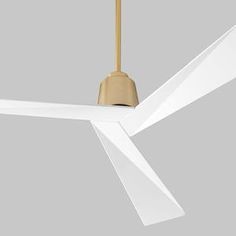 a white ceiling fan with a gold light on it's blade and two blades