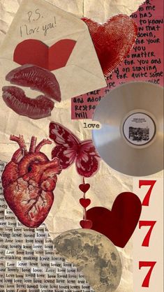 collage with various images and words on it, including an open cd disk in the middle