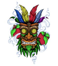 an image of a mask with feathers and leaves on its head, in the style of tiki