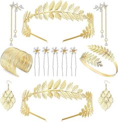 PRICES MAY VARY. [GREEK GODDESS ACCESSORIES] One order includes 7pcs beautiful jewelry, a Greek goddess leaf headband,1 pair of dangle earrings,2 armbands,1leaf hair comb and 1 tassel dress belt. A variety of options for you to match different styles clothes and perfect for bridal or as a costume jewelry. Designed with laurel leaves shape,perfect for women who like dazzling and magnificent hair accessories [ADJUSTABLE LEAF JEWELRY SET] The maximum size of the armbands is 8 cm(3.15 in), open desi Goddess Costume Accessories, Goddess Accessories, Leaves Crown, Greek Accessories, Arm Cuff Jewelry, Styles Clothes, Toga Party, Ancient Greek Jewelry, Leaf Headband