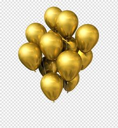 gold balloons floating in the air on a transparent background