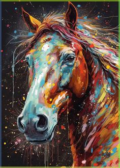 a painting of a horse with paint splatters all over it's face