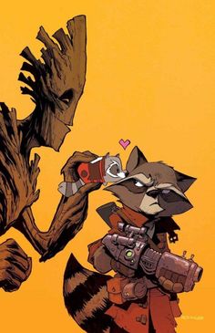 a rocket raccoon holding a cup in his hand and looking at an alien