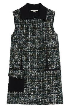 The NYC-based designer continues his sophisticated wardrobe-classic designs with this richly textured tweed shift dress that goes solid at the spread collar, one pocket and along certain seams. 34 1/2" length (size 6) Hidden back-zip closure Spread collar Sleeveless Front patch and flap-patch pockets Lined 35% polyamide, 24% polyacrylic, 19% wool, 17% polyester, 3% viscose, 1% cotton, 1% acrylic Dry clean Imported Designer Clothing Sophisticated Wardrobe, Tweed Shift Dress, Wardrobe Classic, Jason Wu, Hunter Green, Shift Dress, Classic Design, Designer Clothing, Dry Clean