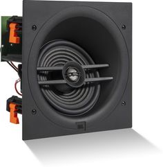 the front view of a speaker with two orange and black wires on it's side