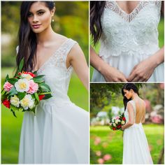 four different pictures of a woman in a wedding dress with flowers on her bouquet and the back of her gown