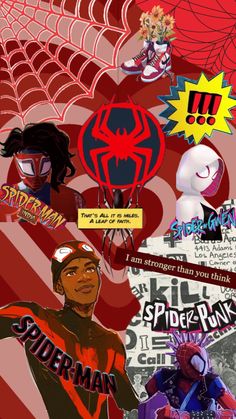 the spider - man collage is shown in red and black