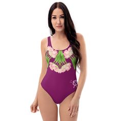 Discover elegance and seduction combined in this pretty deep purple with pink flower and leaves motif women's one-piece swimwear. Perfect for beach outings, poolside lounging, surfing adventures, and glamorous pool parties during your vacation. Our swimwear is designed to make you feel confident and stylish while enjoying your time by the water. The intricate design motif adds a touch of sophistication, making you stand out whether you're catching waves or soaking up the sun. Embrace the allure of this versatile and chic swimwear that transitions seamlessly from poolside relaxation to beachside fun. Elevate your swimwear collection with this beautiful color masterpiece that embodies both luxury and comfort. This one-piece swimsuit for all figures will bring out your best features. Enjoy th Purple One-piece Swimwear For Summer Beach, Classy Swimwear, Purple One-piece Swimwear For Sunbathing, Affordable Purple One-piece Swimwear, Purple One-piece Beachwear, Purple One-piece Beachwear Swimwear, Flattering Swimwear, Floral Swimwear, Swimsuits For All