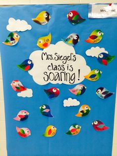 a bulletin board with birds on it and the words mrs segel's class is soaring