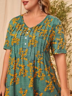 Green Boho Short Sleeve Viscose Floral Tunic Non-Stretch Spring/Summer Plus Size Dresses Plus Size Cotton Dresses, Plus Size Tunics For Women, Cotton Night Dress, Trendy Plus Size Dresses, Button Maxi Dress, Boho Plus Size, Casual Dresses Plus Size, Mode Kimono, Neck Designs For Suits