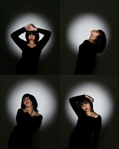 four images of a woman in black posing for the camera with her hands on her head