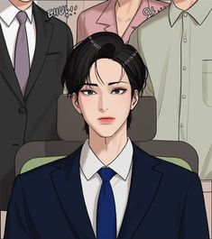 an anime character wearing a suit and tie in front of other people with their heads down