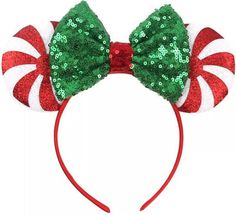 Christmas Red Green Peppermint Candy Minnie Ears Headband Disney Park HANDMADE | eBay Christmas Disney Ears, Deer Headband, Minnie Ears Headband, Holiday Headbands, Princess Decorations, Horn Headband, Christmas Disney, Party Headband, Mouse Ears Headband