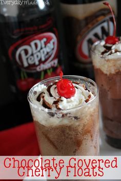 two glasses filled with chocolate covered cherry floats