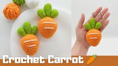 crochet carrots are sitting on a plate and being held by someone's hand