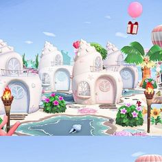 two screens show the same scene as they appear in an animated version of hello kitty's resort