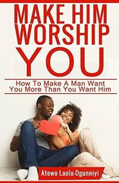 a man and woman sitting next to each other in front of a white wall with the words make him worship you