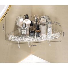 a bathroom shelf with bottles and soaps on it, labeled in the diagram below