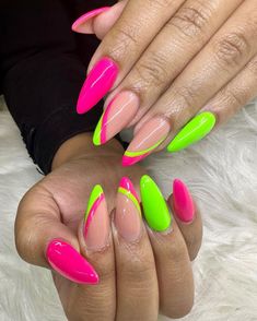 #neonnails #brightsummernails #neonnailsdesigns #neonnailsart #neonnailsideas #neonnailsacrylic #neonnailspink #nailsoftheday #nailinspo #summeralmondnails #summernails #neonnailsalmond #neonnailspink Neon Green And Pink Nails Almond, Coffin Summer Nails Designs 2023, Trendy Nails Almond Shape Summer, Neon And Pink Nails, Pink And Neon Nails, Green And Pink Neon Nails, Neon Nails Inspiration, 90s Neon Nails, Lime Green Nails Design Neon