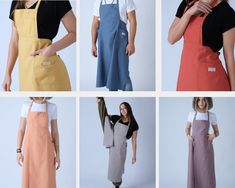 six different aprons are shown in four different colors, one is orange, the other is blue