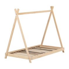 a wooden bed frame that is made to look like it has two legs on the bottom and