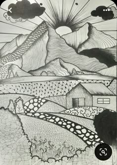 a black and white drawing of mountains with clouds in the sky over them, on paper