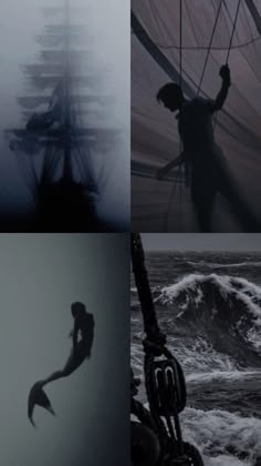 the silhouettes of people are shown in four different pictures, including one man on a sailboat