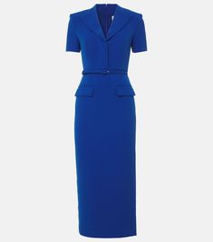 Belted cady midi dress in blue - Roland Mouret | Mytheresa Female Banker Outfit, Elegant Belted Maxi Dress For Office, Blue Belted Maxi Dress For Party, Belted Fitted Midi Dress, Fitted Belted Midi Dress, Tailored Belted Formal Dresses, Tailored Formal Belted Dress, Formal Tailored Belted Dress, Elegant Belted Maxi Dress For Work