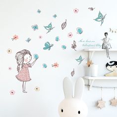 Flying Butterfly Girl Wall Stickers Bedroom Girls Room Home Decoration Art Mural Cartoon Stickers Flying Butterfly, Removable Vinyl Wall Decals, Butterfly Girl, Childrens Wall Stickers, Room Stickers, Cartoon Wall, Illustration Art Girl