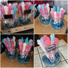 there are several different pictures of toothpicks in glass vases with candy sticks sticking out of them