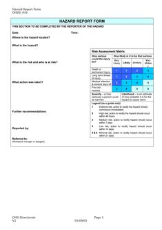 a paper with the words hazard report form on it and an image of a blue square