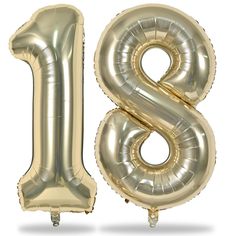 the number eight balloon is shown in gold