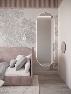 a bedroom with a bed, mirror and wallpaper