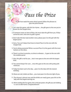 a printable pass the prize game with flowers on it and text that reads,'pass the prize '