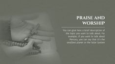 the words praise and worship are written in white on a gray background with two hands holding a cross